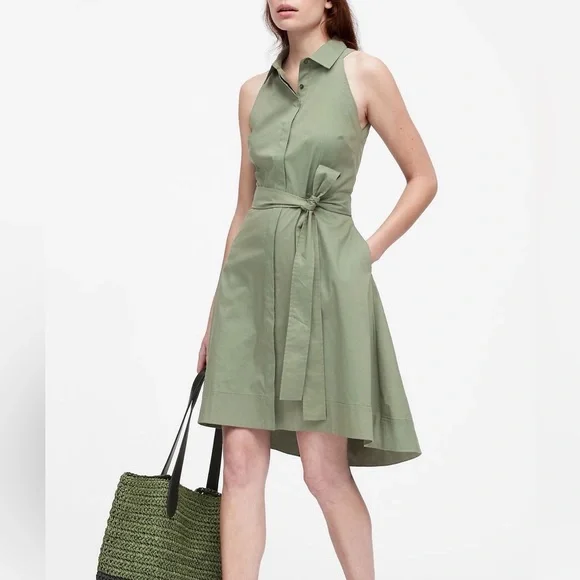 banana republic olive green dress Banana Republic Aurelia Italian Satin Trapeze Dress - Spiced Olive Green